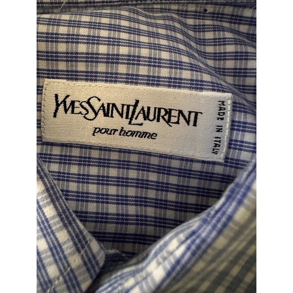 VTG Yves Saint Laurent Dress Shirt Mens 16.5 Blue White Plaid Gingham Button Up - Picture 3 of 15